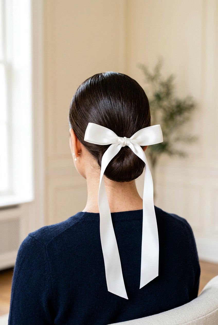 Sleek Low Bun With Ribbon Tie - 20 bridal hairstyle with low sleek bun - 20 bridal hairstyle with low sleek bun