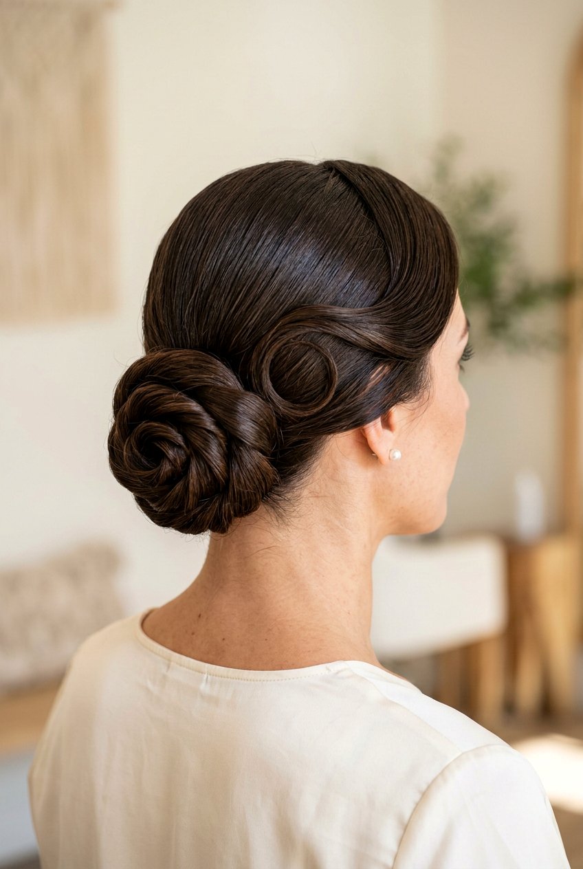Sleek Low Bun With Side Swirl - 20 bridal hairstyle with low sleek bun - 20 bridal hairstyle with low sleek bun