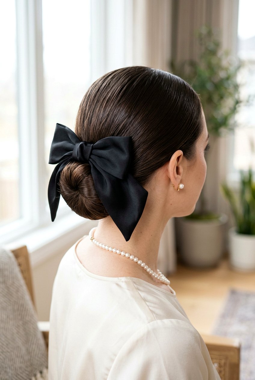 Sleek Low Bun With Silk Bow - 20 coquette bow bun hairstyle - 20 coquette bow bun hairstyle