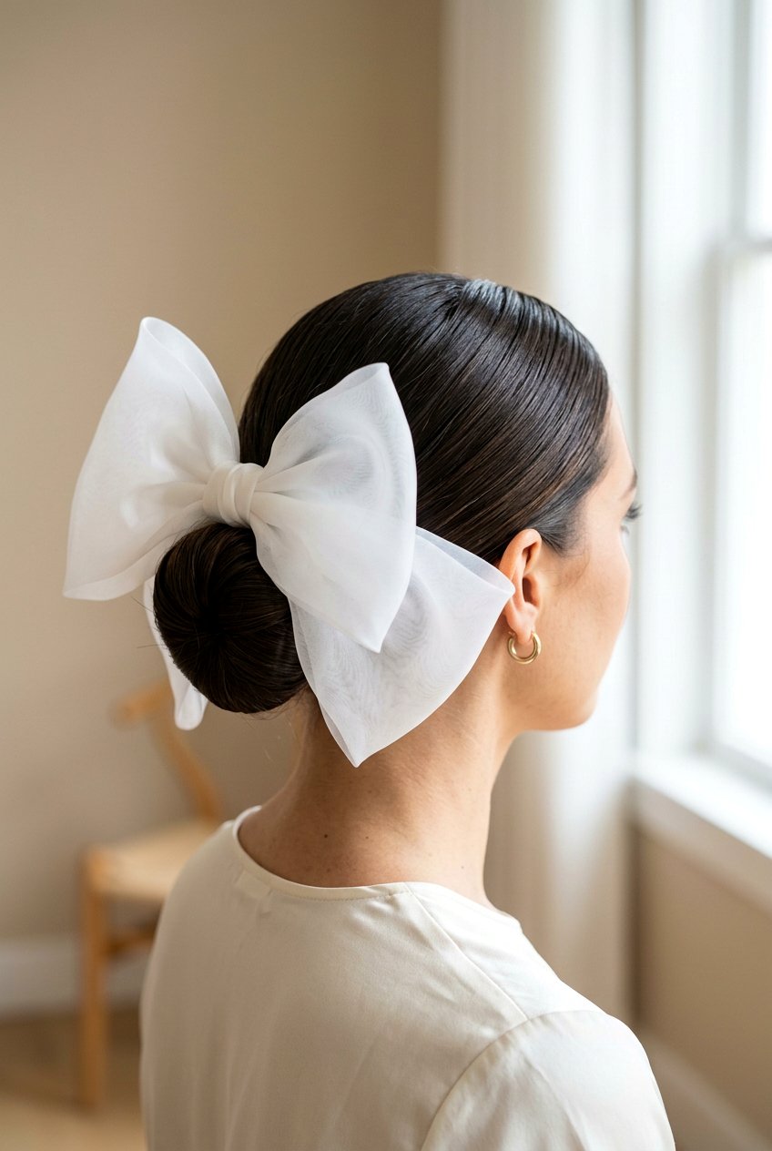 Sleek Low Bun With Statement Bow - 20 bridal hairstyle with low sleek bun - 20 bridal hairstyle with low sleek bun