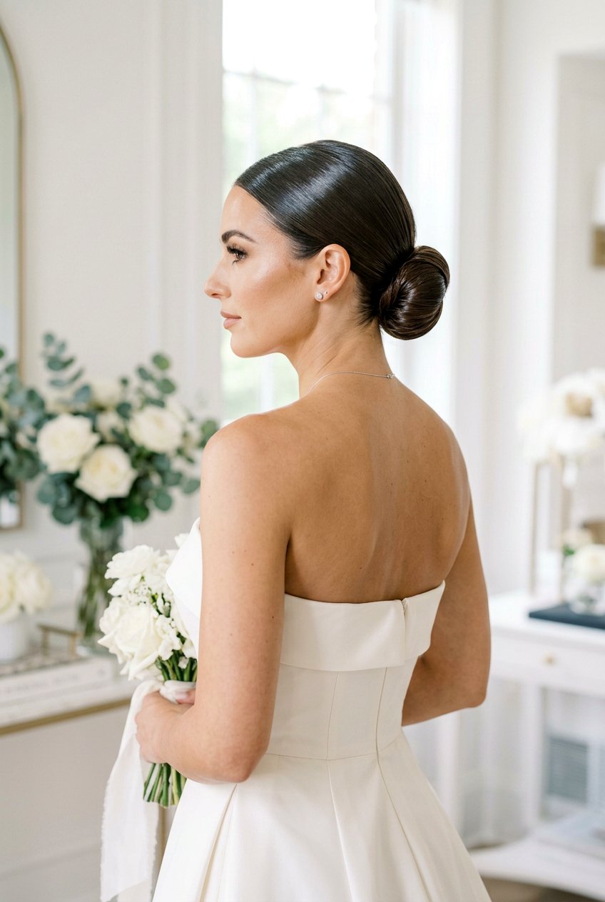 Sleek Low Bun With Wet Look Finish - 20 bridal hairstyle with low sleek bun - 20 bridal hairstyle with low sleek bun