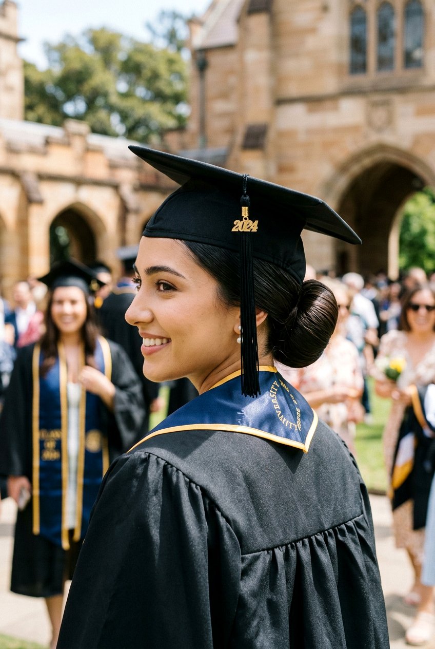 Sleek Low Bun with Graduation Cap - 20 graduation cap hairstyles - 20 graduation cap hairstyles