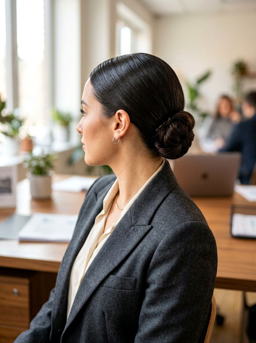 Sleek Low Chignon - 20 easy hairstyle for school run moms - 20 easy hairstyle for school run moms