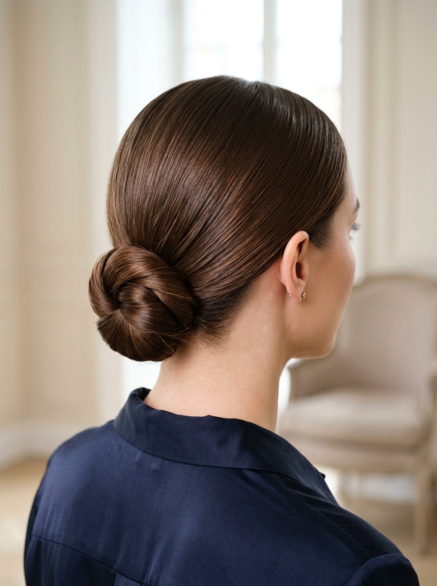 Sleek Low Chignon - 20 soft glam hairstyle for mature women - 20 soft glam hairstyle for mature women