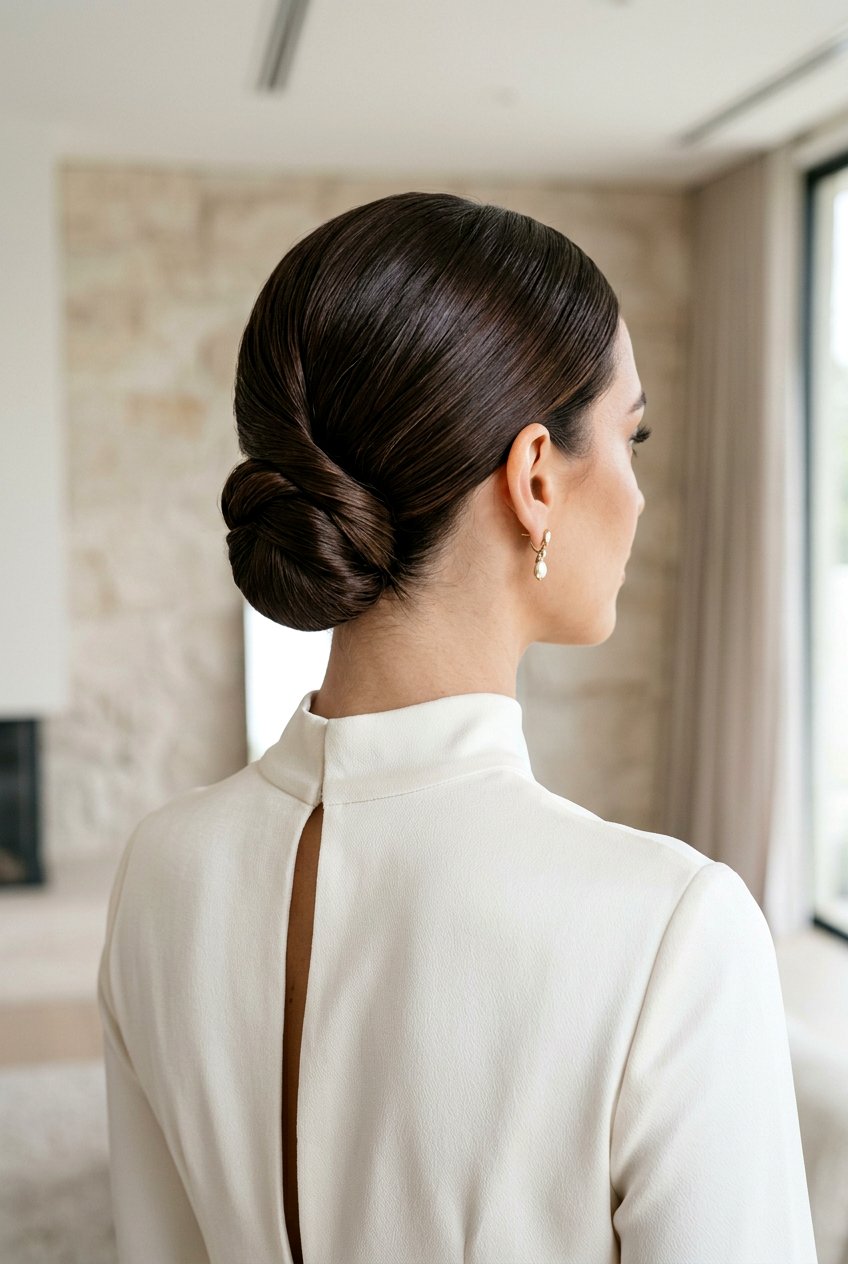 Sleek Low Chignon With A Twist - 20 low bun for mother of the bride - 20 low bun for mother of the bride