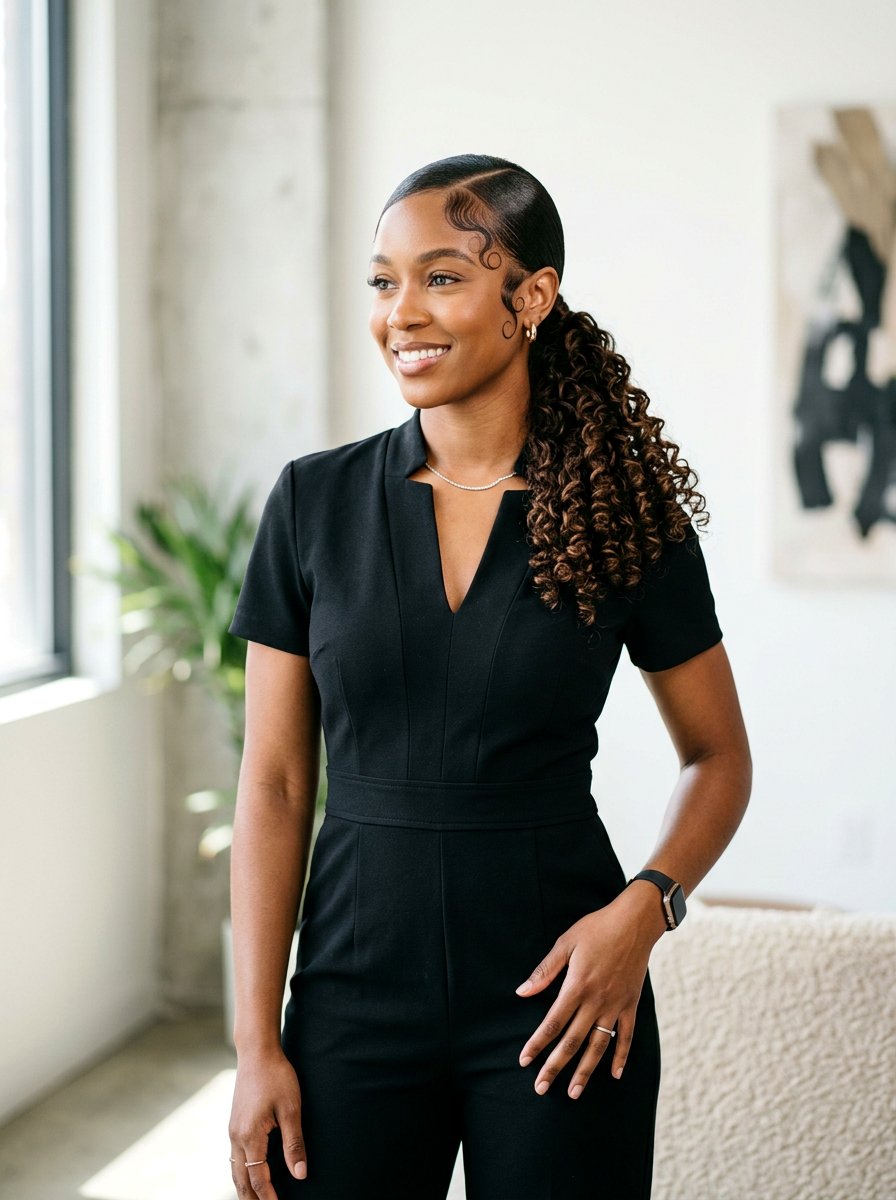 Sleek Low Curly Ponytail With Swooped Baby Hairs - 20 humidity proof curly ponytail - 20 humidity proof curly ponytail