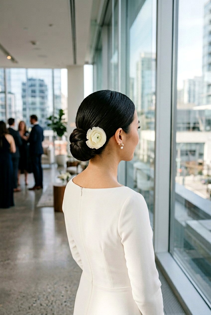 Sleek Low Knot With Single Bloom - 20 wedding bun with flowers - 20 wedding bun with flowers