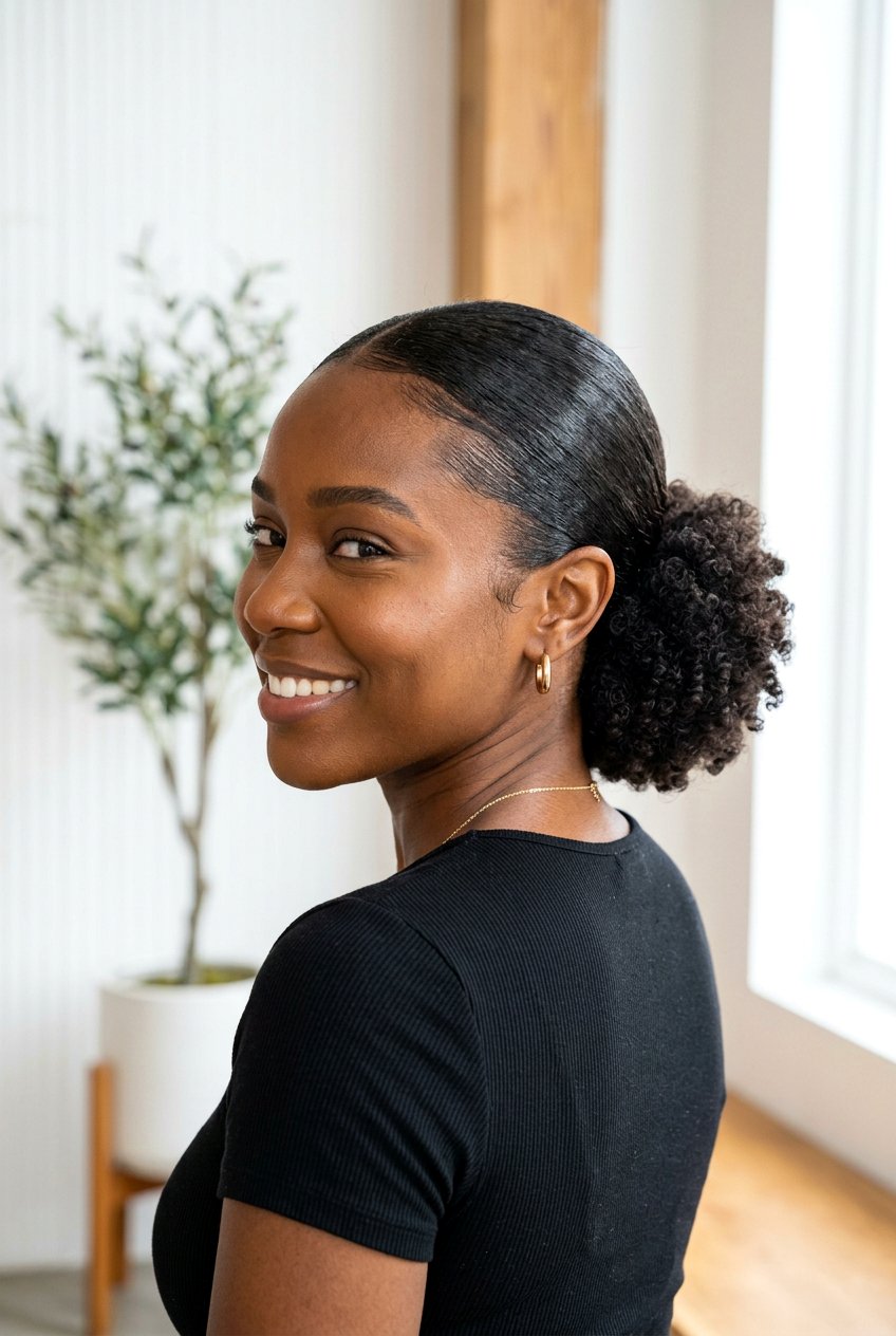 Sleek Low Natural Puff Bun - 20 black women natural puff ideas - 20 black women natural puff ideas