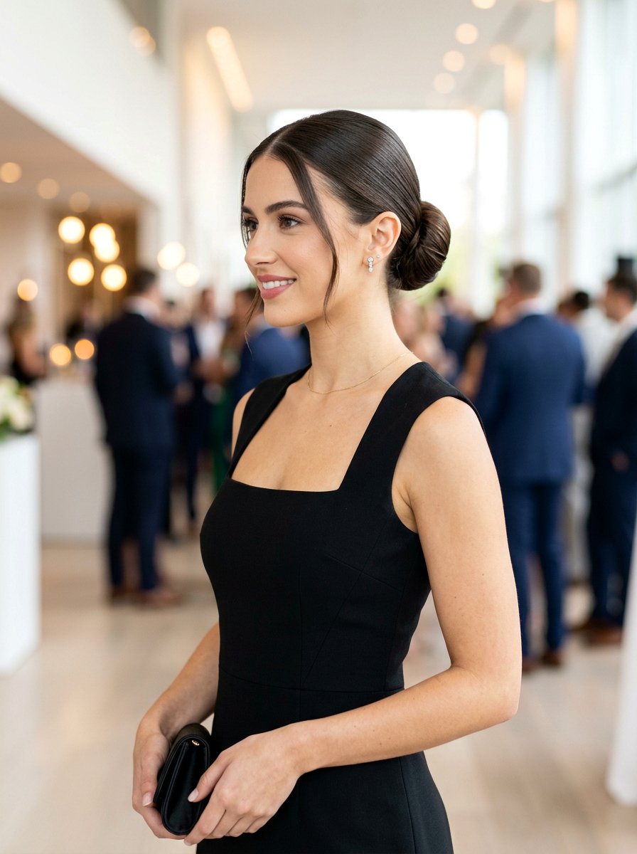 Sleek Low Party Bun With Center Part - 20 party bun with face framing pieces - 20 party bun with face framing pieces