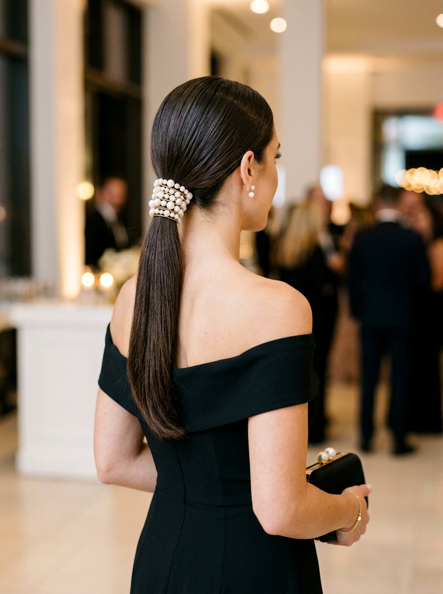Sleek Low Pearl Ponytail - 20 party hairstyle with pearl ponytail - 20 party hairstyle with pearl ponytail