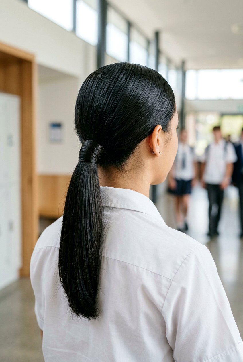 Sleek Low Ponytail - 20 school hairstyle for teenage girls with medium hair - 20 school hairstyle for teenage girls with medium hair