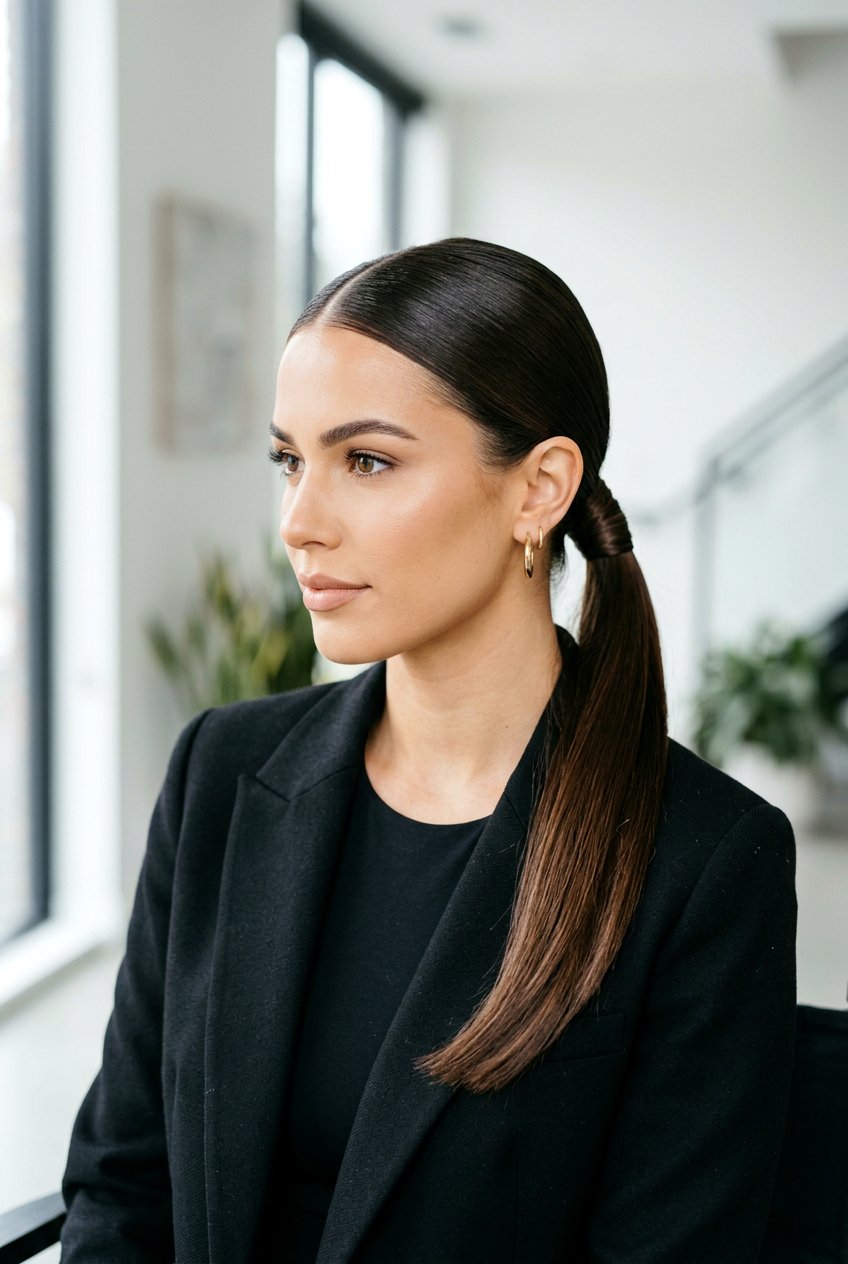 Sleek Low Ponytail - 20 simple hairstyle for interview with long hair - 20 simple hairstyle for interview with long hair