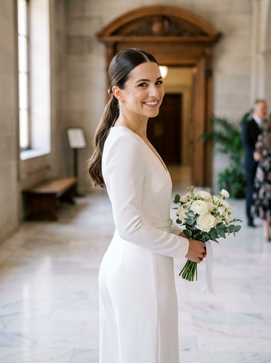 Sleek Low Ponytail Courthouse Wedding Hair - 20 simple courthouse wedding hairstyle - 20 simple courthouse wedding hairstyle