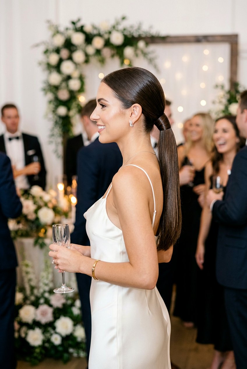 Sleek Low Ponytail For Reception - 20 reception hairstyles for guests - 20 reception hairstyles for guests