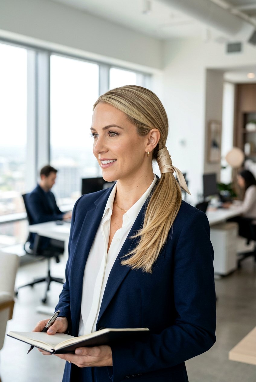 Sleek Low Ponytail With Blonde Ribbon Medium Layered Hair - 20 blonde ribbons for medium layered hair - 20 blonde ribbons for medium layered hair