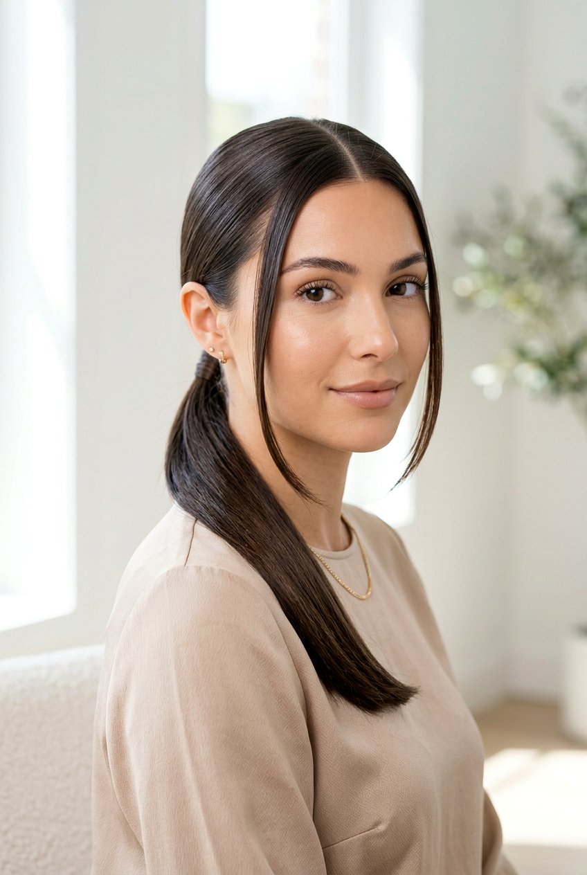 Sleek Low Ponytail With Center Part Face Framing Pieces - 20 low ponytail with face framing pieces - 20 low ponytail with face framing pieces