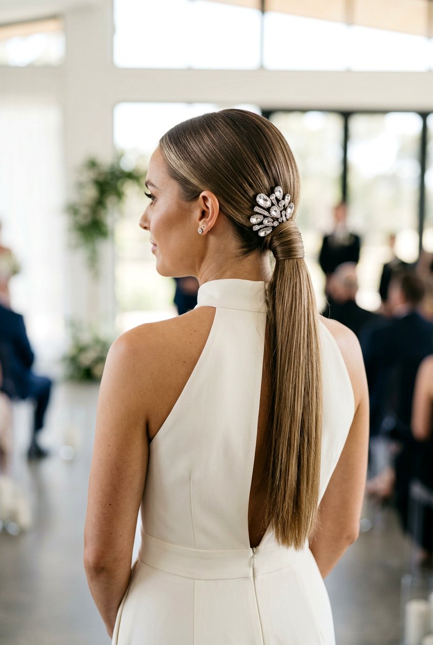 Sleek Low Ponytail With Crystal Hairpins - 20 crystal hairpin bridal hairstyle - 20 crystal hairpin bridal hairstyle