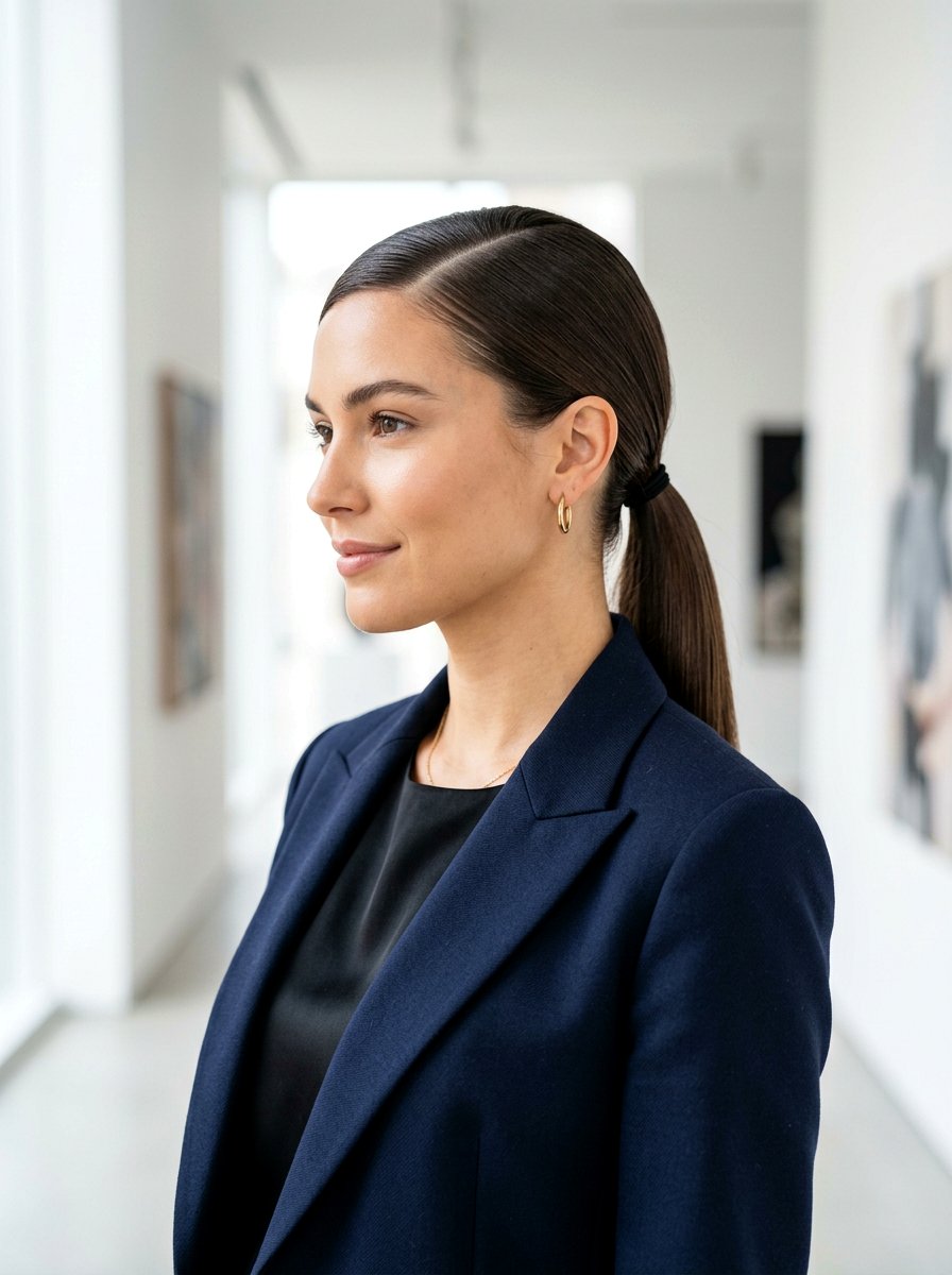 Sleek Low Ponytail With Deep Side Part - 20 old money ponytail hairstyle - 20 old money ponytail hairstyle