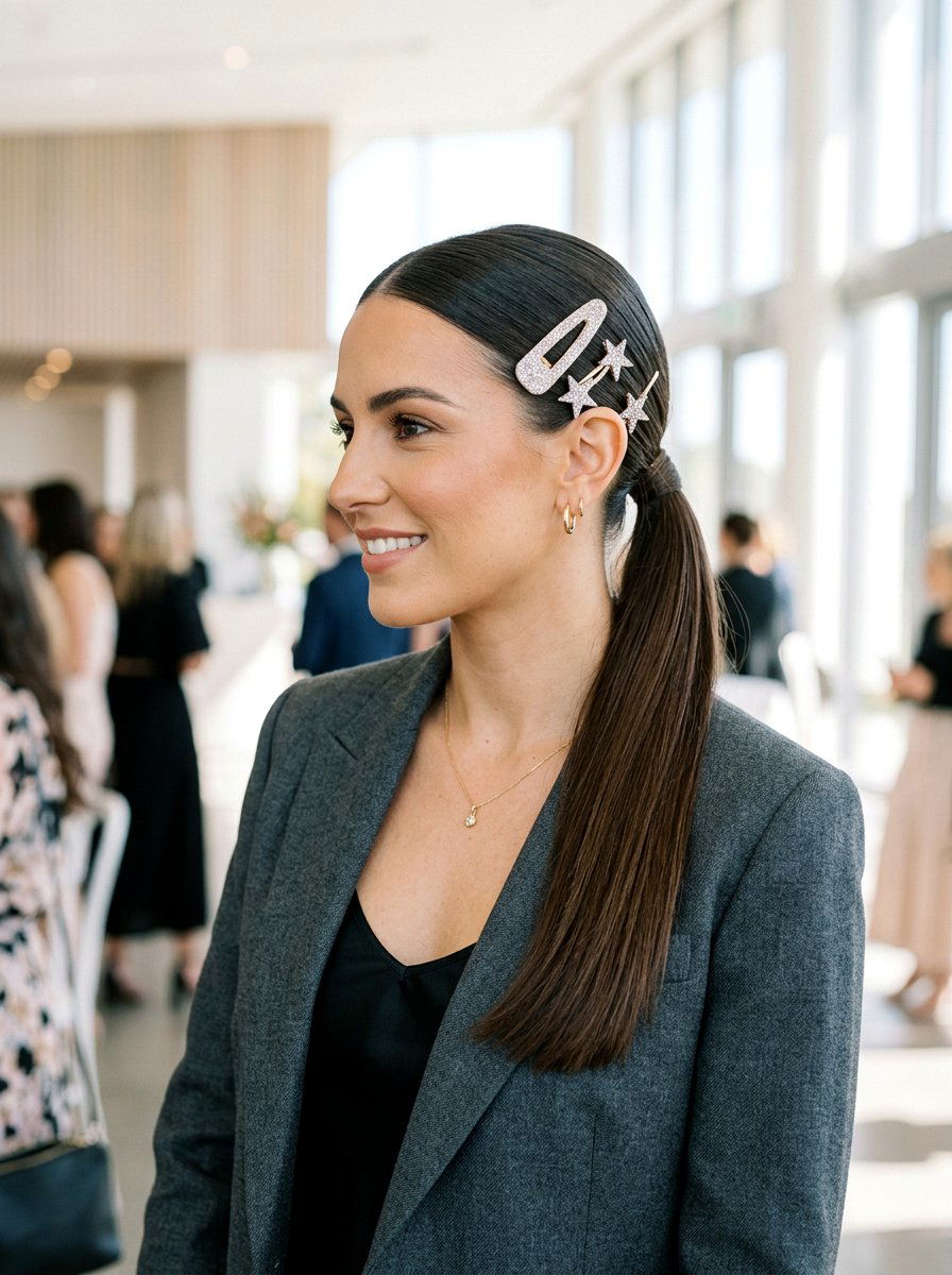 Sleek Low Ponytail With Glitter Clips - 20 party hairstyle with glitter clips - 20 party hairstyle with glitter clips