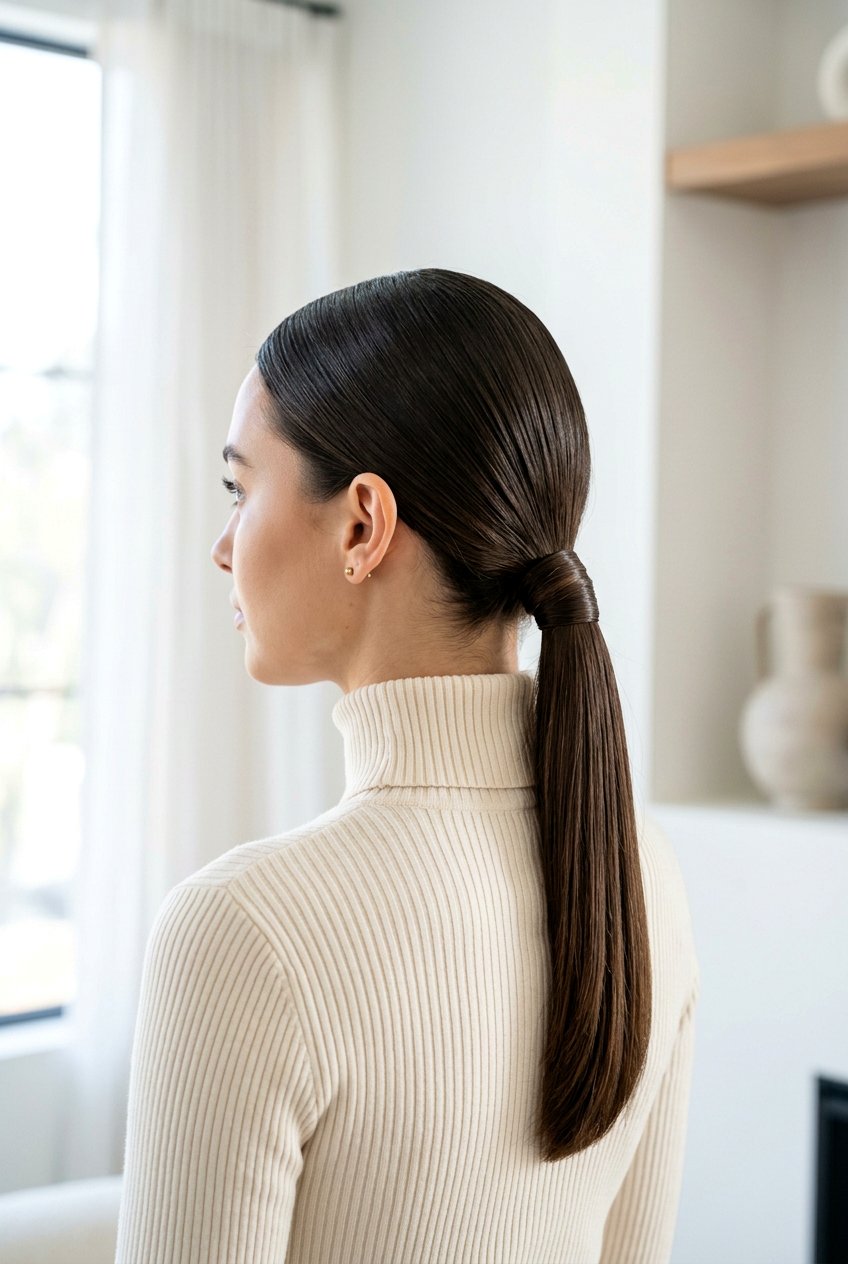 Sleek Low Ponytail With Middle Part - 20 birthday hairstyle for long straight hair - 20 birthday hairstyle for long straight hair