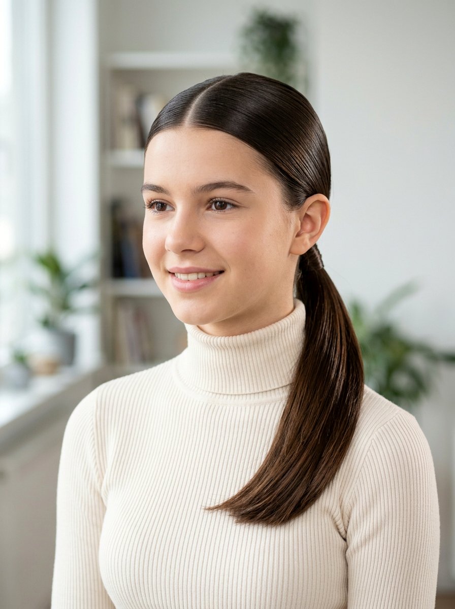 Sleek Low Ponytail With Middle Part - 20 cute hairstyle for school photos - 20 cute hairstyle for school photos