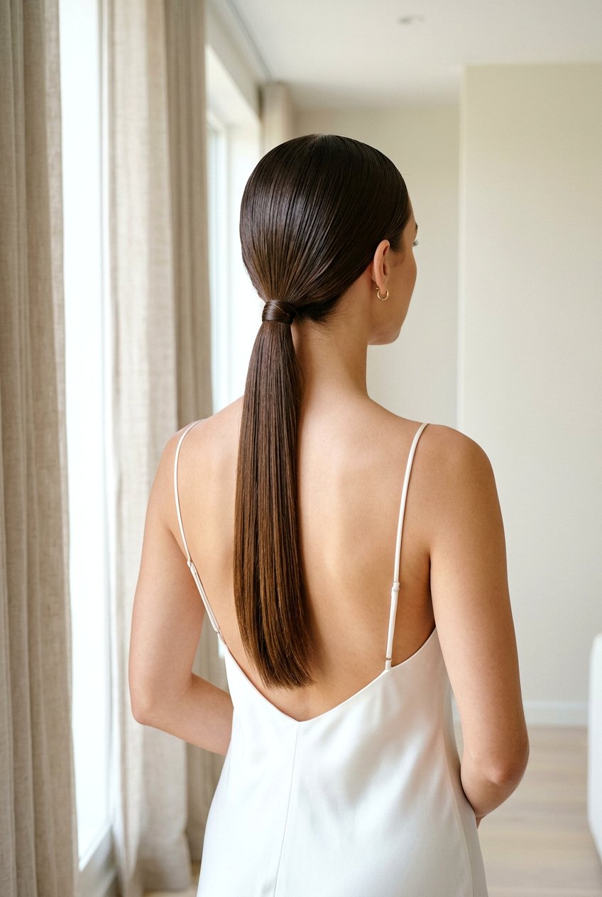Sleek Low Ponytail With Middle Part - 20 modern reception ponytail hairstyle - 20 modern reception ponytail hairstyle