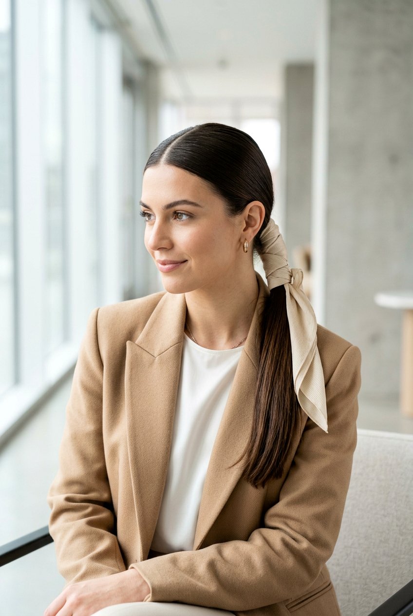 Sleek Low Ponytail With Neutral Scarf - 20 scarf ponytail hairstyle - 20 scarf ponytail hairstyle