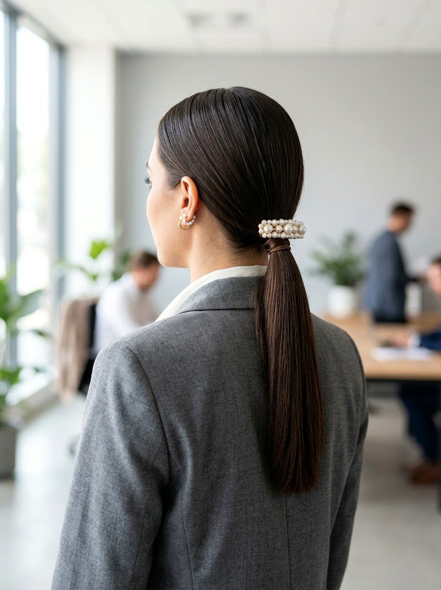 Sleek Low Ponytail With Pearl Barrette - 20 office hairstyle with pearl barrette - 20 office hairstyle with pearl barrette