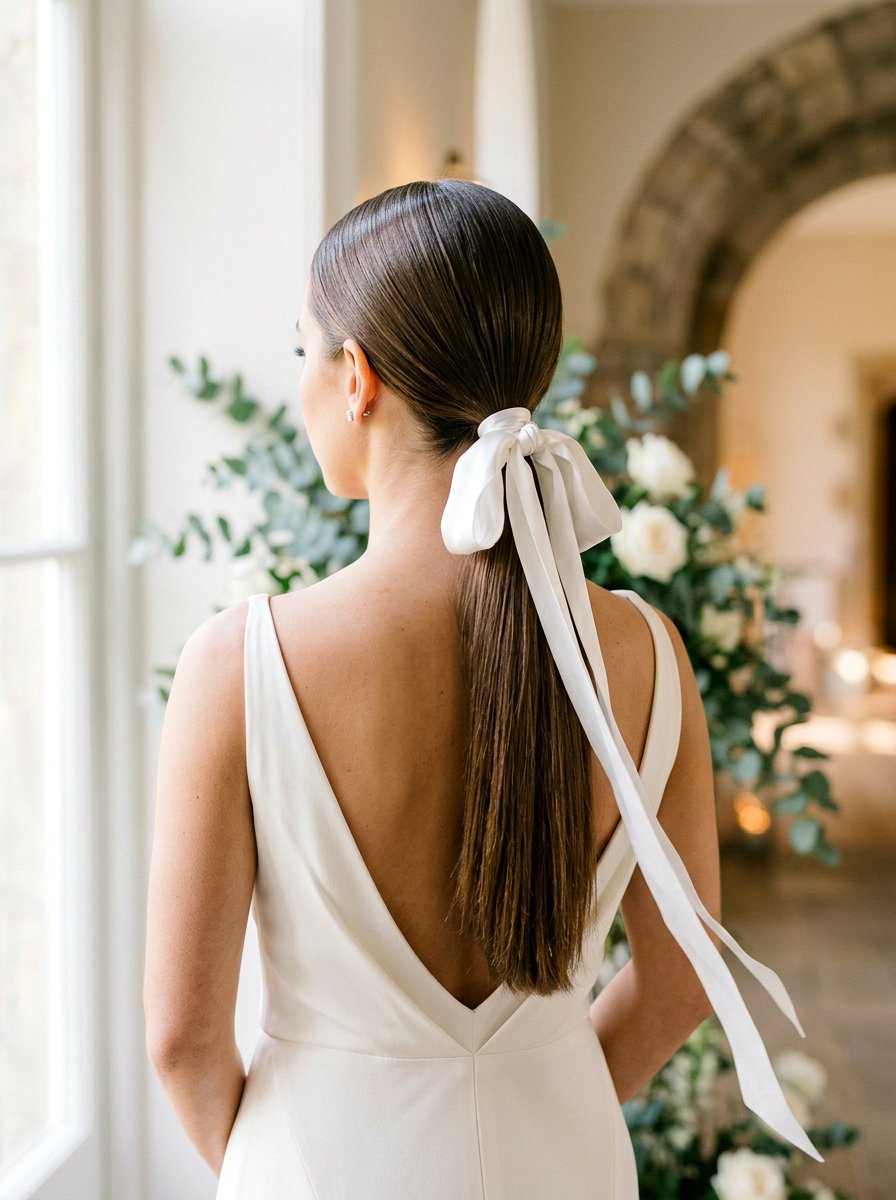 Sleek Low Ponytail With Ribbon - 20 wedding hairstyles for garden ceremony - 20 wedding hairstyles for garden ceremony