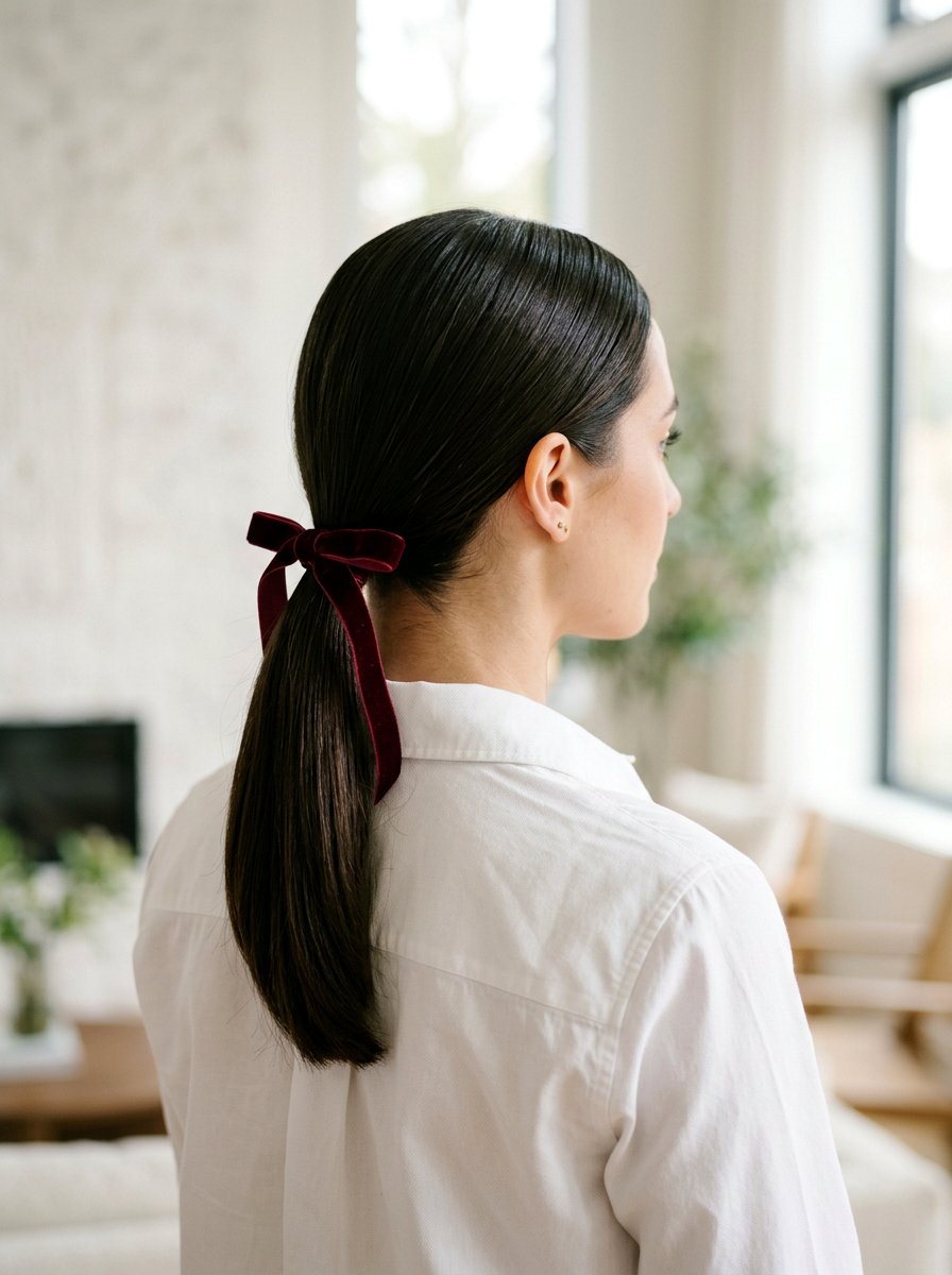 Sleek Low Ponytail With Ribbon - 20 cute ponytail hairstyle ideas for school - 20 cute ponytail hairstyle ideas for school