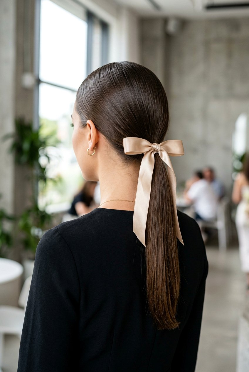 Sleek Low Ponytail With Silk Ribbon - 20 engagement party hairstyles - 20 engagement party hairstyles