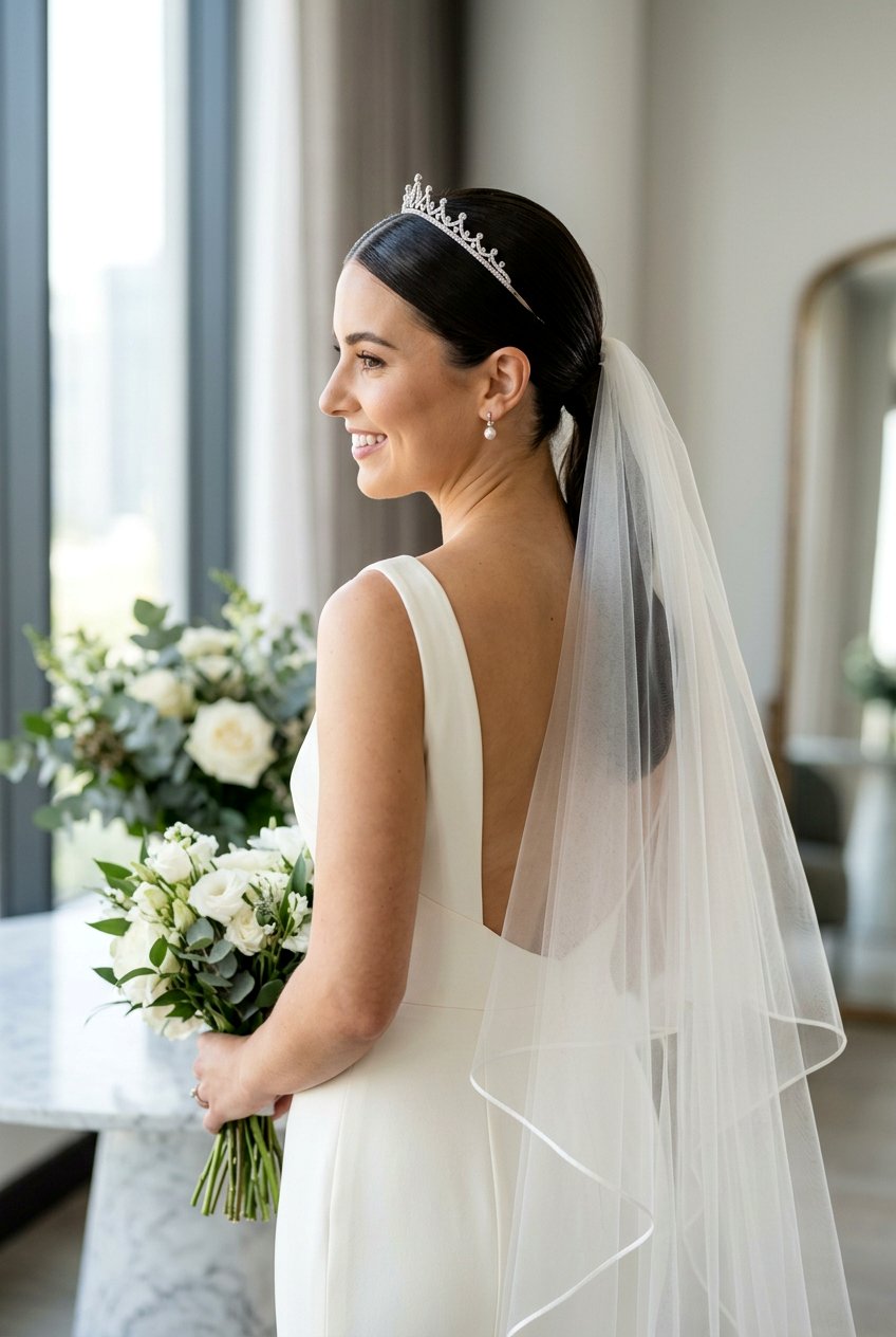 Sleek Low Ponytail With Veil - 20 bridal hairstyle for veil and tiara - 20 bridal hairstyle for veil and tiara