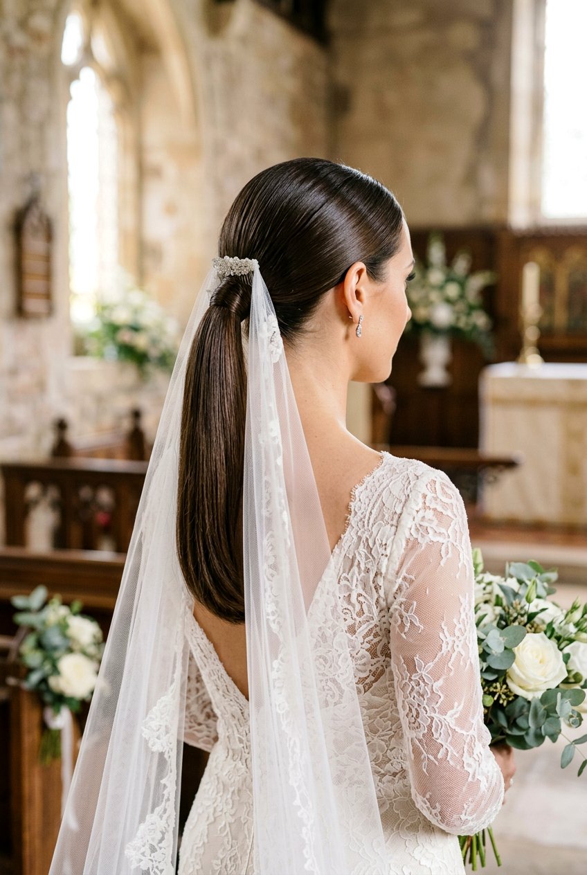 Sleek Low Ponytail With Veil - 20 bridal hairstyle for sleek modern wedding - 20 bridal hairstyle for sleek modern wedding