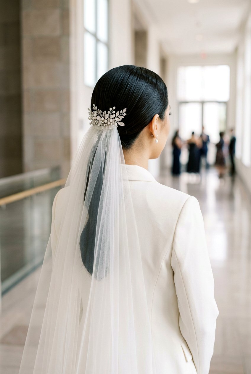 Sleek Low Ponytail With Veil - 20 bridal hairstyle for straight sleek look - 20 bridal hairstyle for straight sleek look