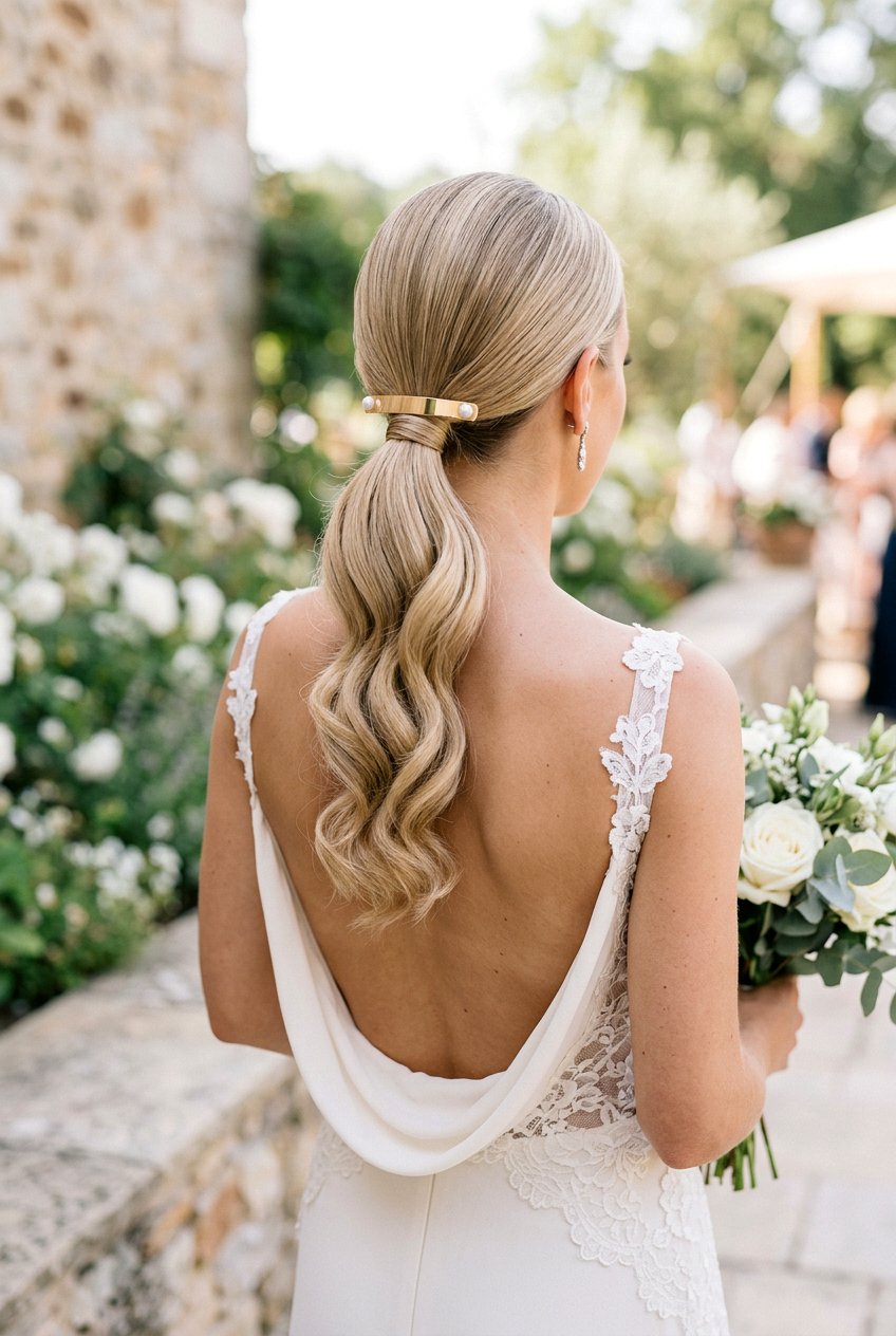 Sleek Low Ponytail With Wavy Ends - 20 bridal low ponytail with waves - 20 bridal low ponytail with waves