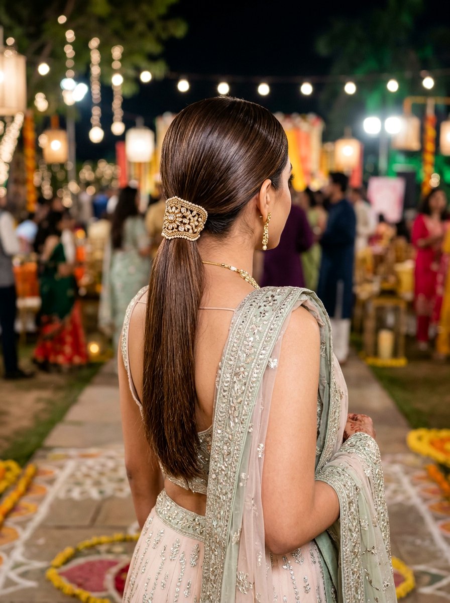 Sleek Low Ponytail with Embellished Hair Tie - 20 sangeet ponytail hairstyle - 20 sangeet ponytail hairstyle
