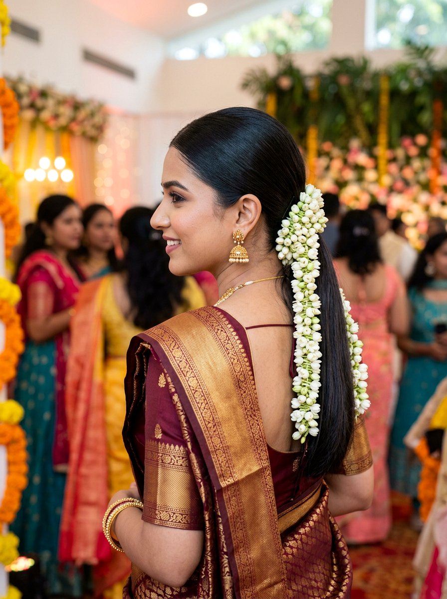 Sleek Low Ponytail with Gajra - 20 sangeet ponytail hairstyle - 20 sangeet ponytail hairstyle