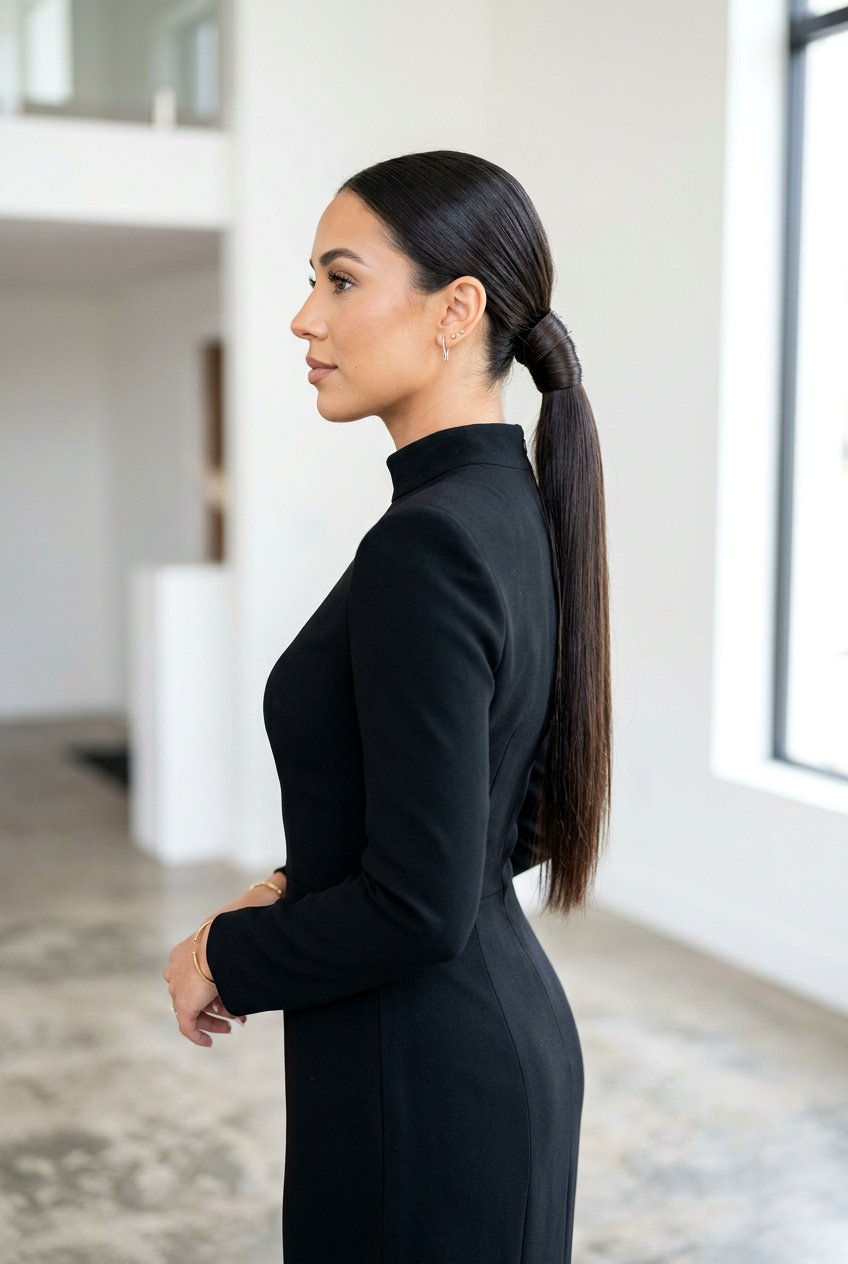 Sleek Low Ponytail with Hair Wrap - 20 mother of the bride hairstyles - 20 mother of the bride hairstyles