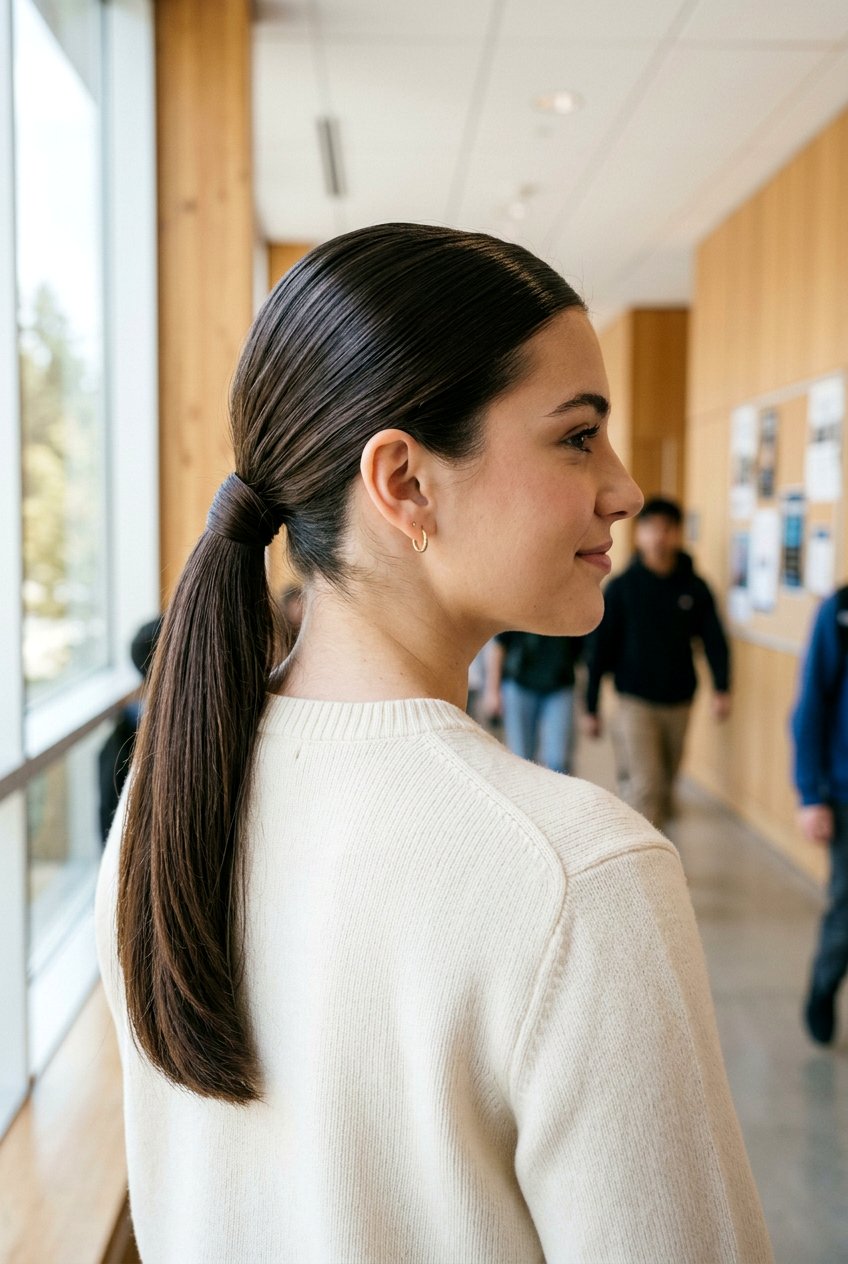 Sleek Low Ponytail with Wrap - 20 school hairstyle for long thick hair - 20 school hairstyle for long thick hair