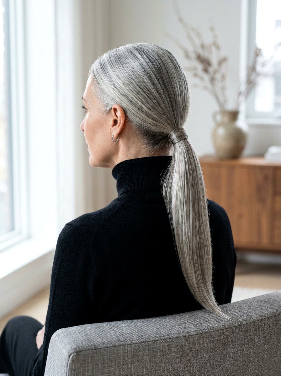 Sleek Low Silver Ponytail - 20 classy silver ponytail hairstyle - 20 classy silver ponytail hairstyle