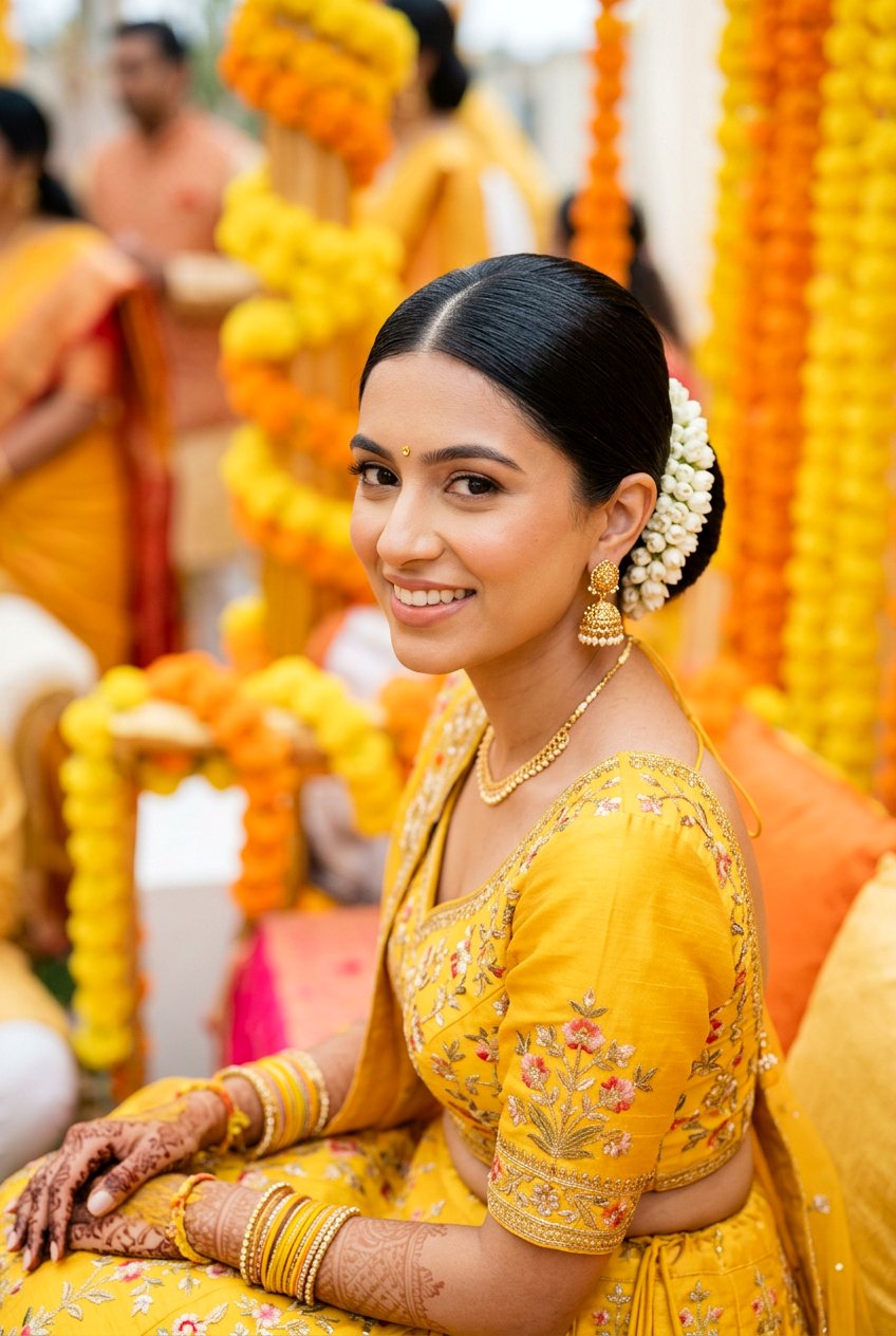 Sleek Middle Part Bun Haldi Hairstyle - 20 haldi hairstyles for bride - 20 haldi hairstyles for bride