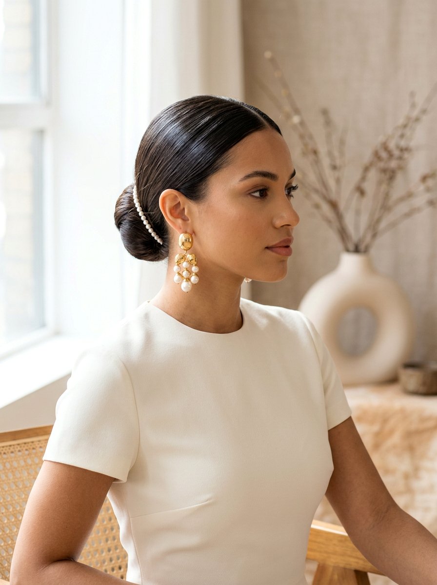 Sleek Middle Part Bun With Pearl Line - 20 pearl embellished bun hairstyle - 20 pearl embellished bun hairstyle