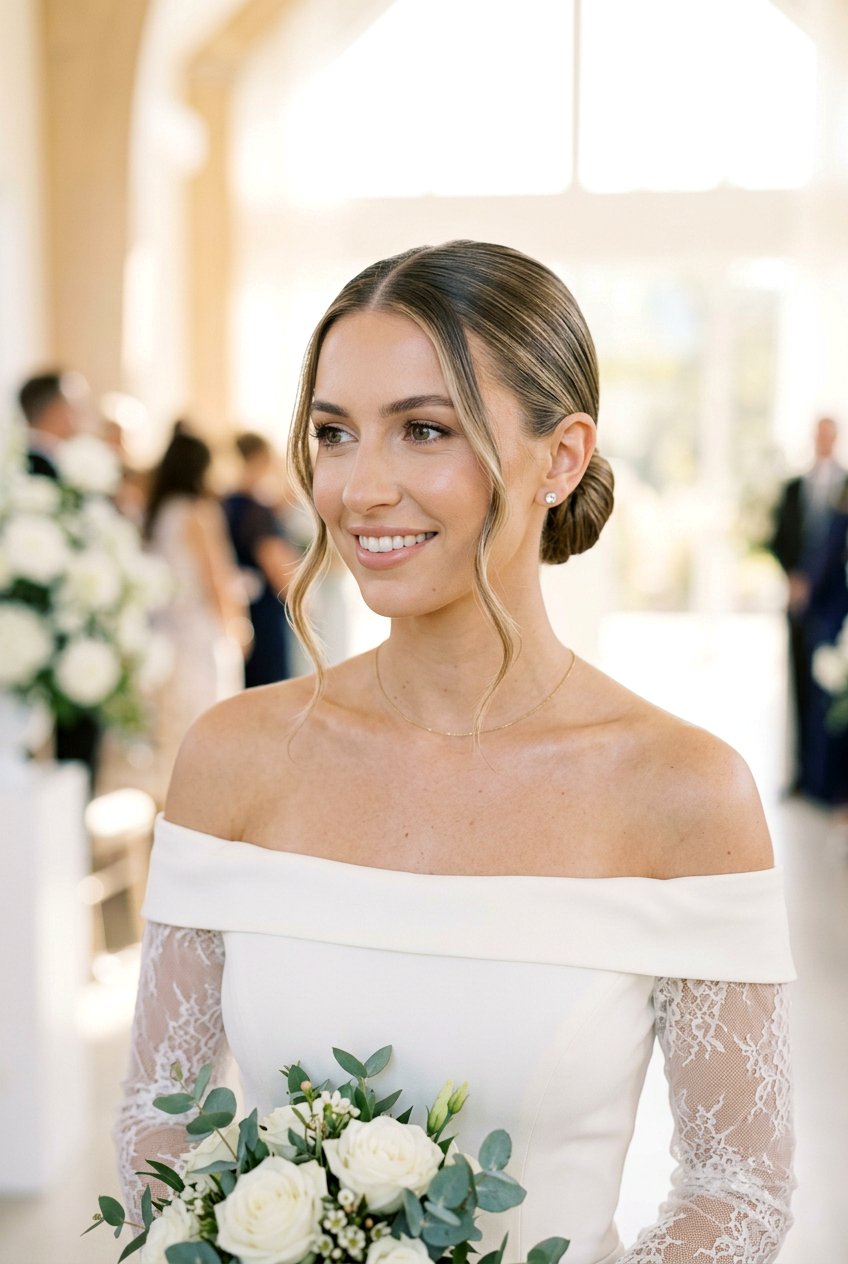 Sleek Middle Part Bun - 20 bridal hairstyle with soft tendrils - 20 bridal hairstyle with soft tendrils