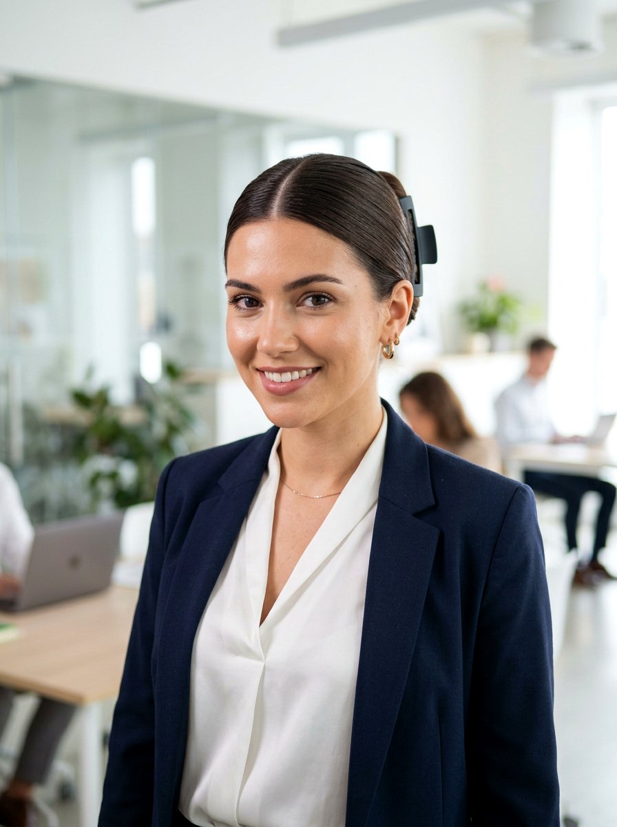 Sleek Middle Part Claw Clip - 20 office friendly claw clip hairstyles - 20 office friendly claw clip hairstyles