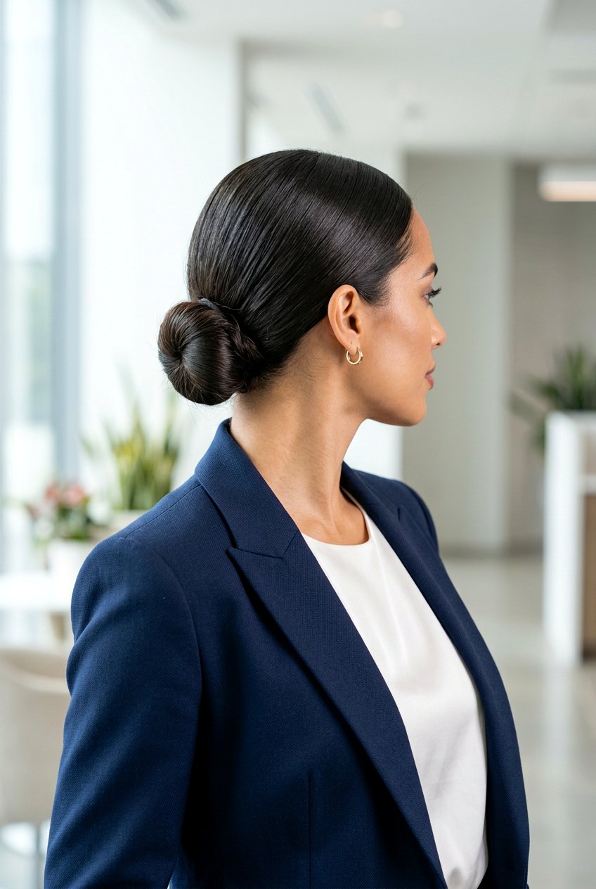 Sleek Middle Part Low Bun - 20 minimalist office bun hairstyle - 20 minimalist office bun hairstyle