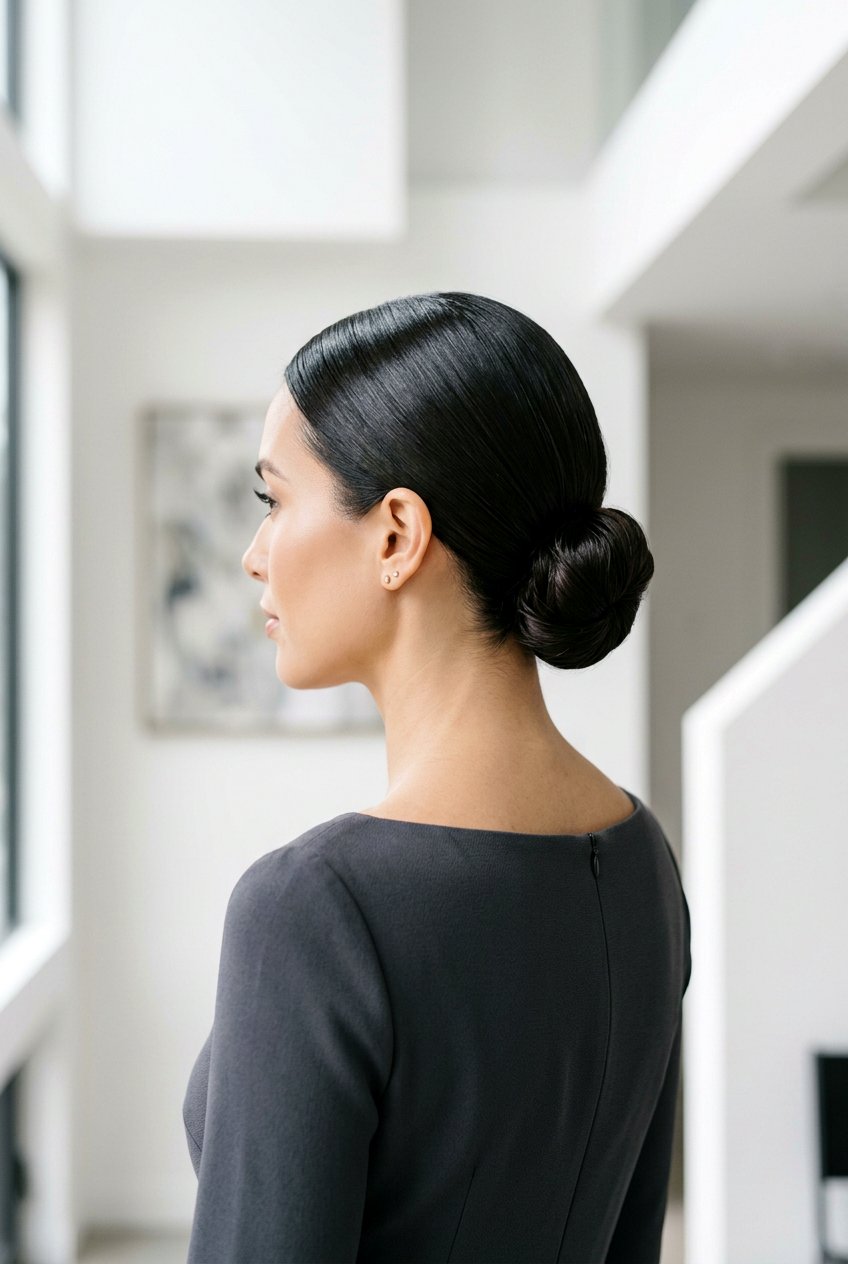 Sleek Middle Part Low Bun - 20 low bun for mother of the bride - 20 low bun for mother of the bride