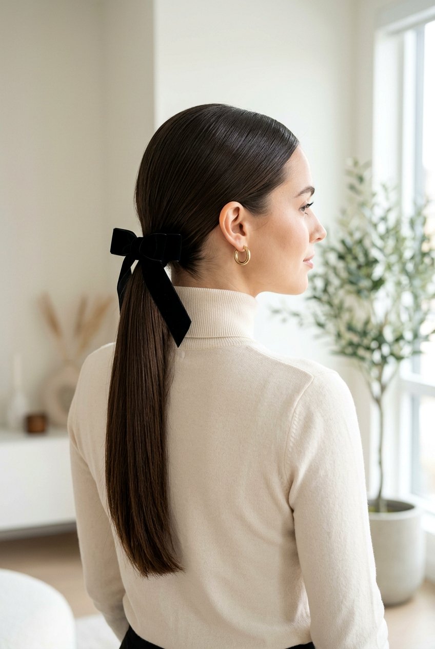 Sleek Middle Part Low Ponytail With Bow - 20 christmas bow ponytail - 20 christmas bow ponytail