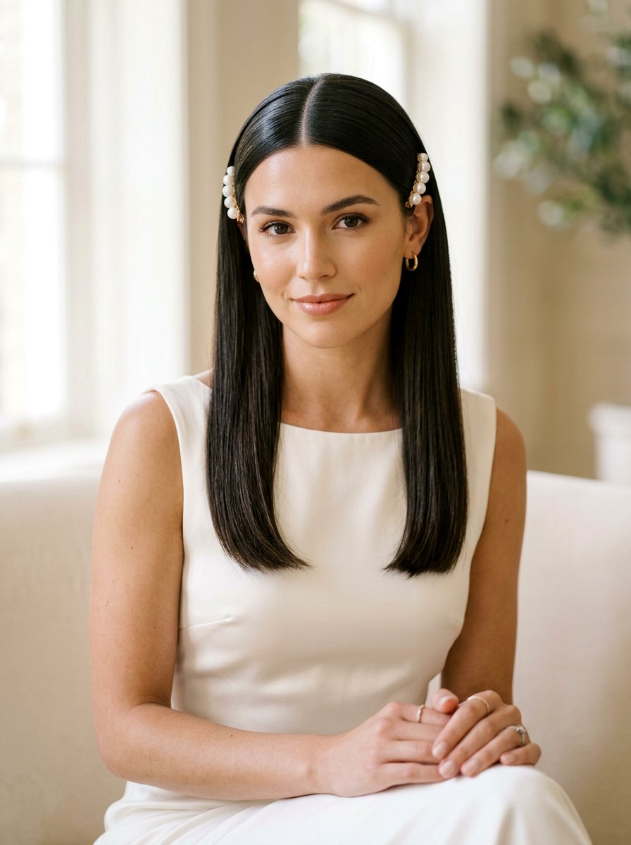 Sleek Middle Part Pearls - 20 prom hairstyles with pearls - 20 prom hairstyles with pearls