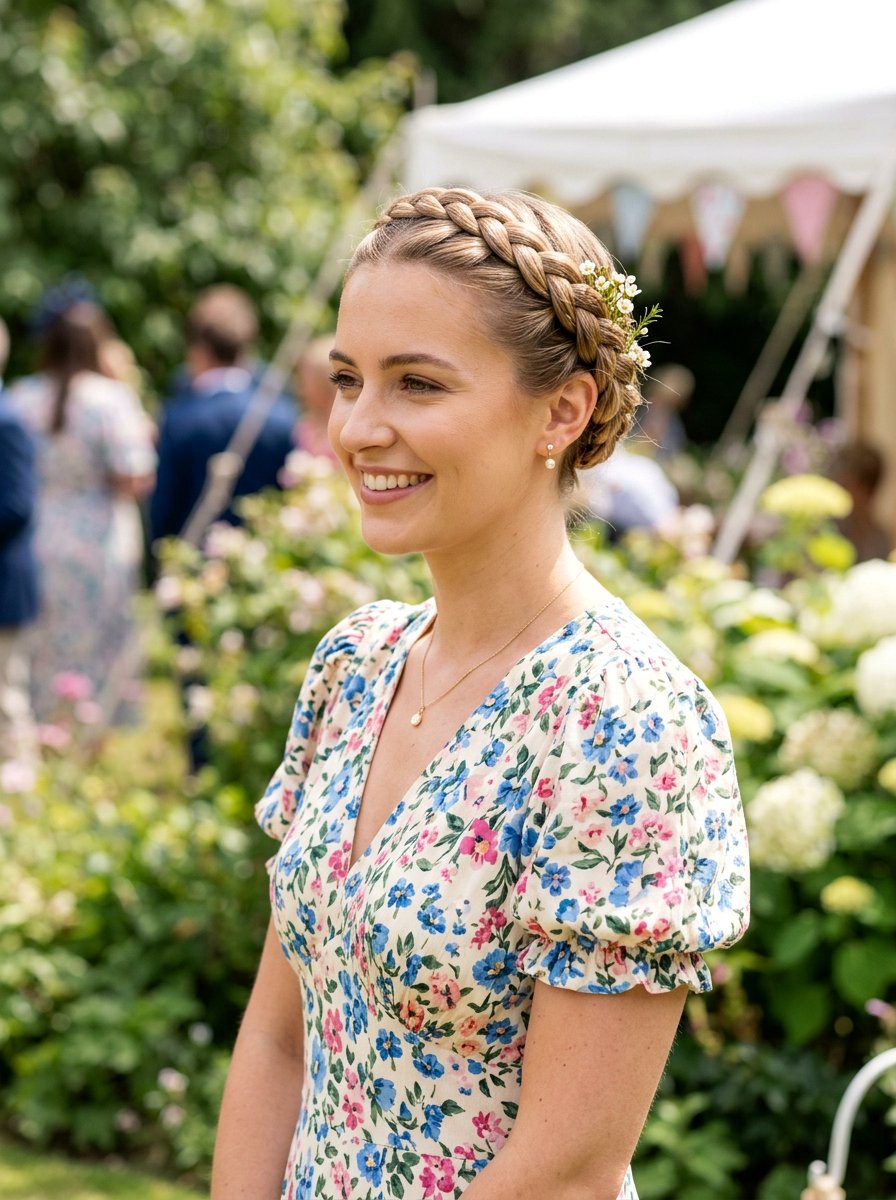 Sleek Milkmaid Braids - 20 sleek hairstyle for wedding guest - 20 sleek hairstyle for wedding guest