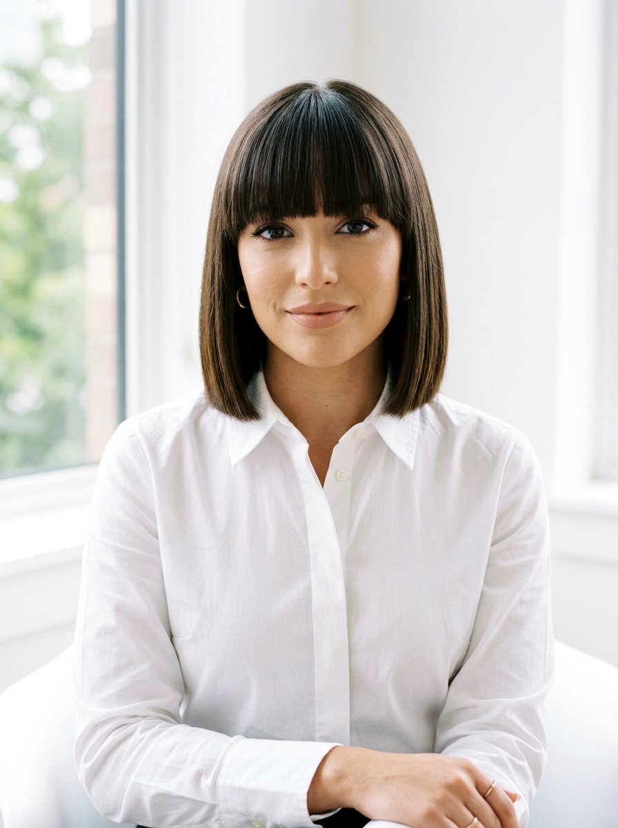 Sleek One Length Bob With Heavy Bangs - 20 sleek straight bob with bangs - 20 sleek straight bob with bangs